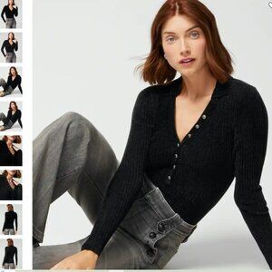 NWT White House Black Market Extra Small XS Chenille Henley Sweater Black